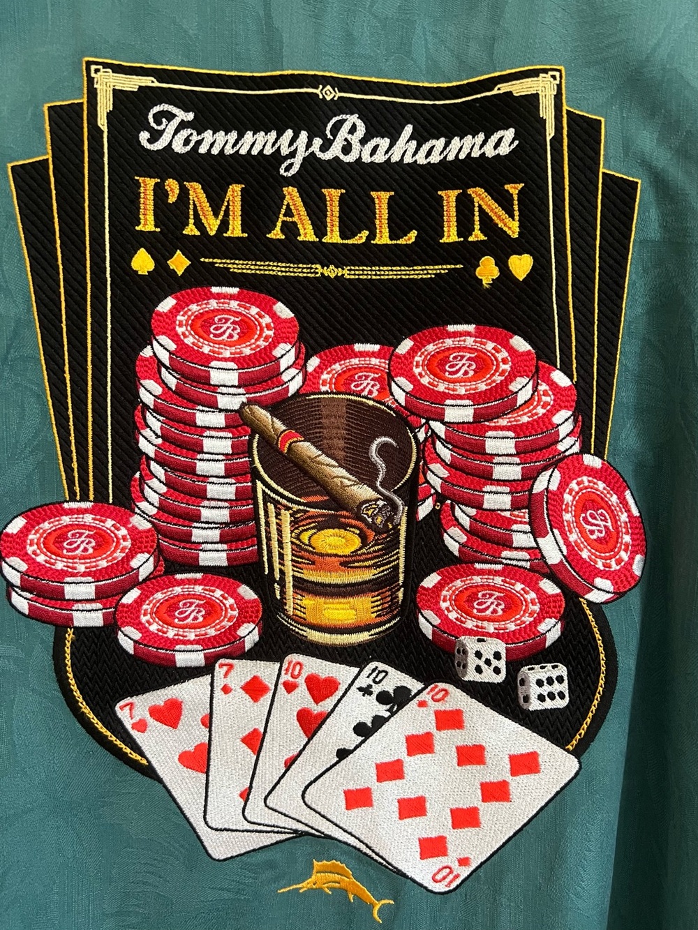 Tommy Bahama Silk Camp Shirt XL Men’s Im All In Embroidered Casino Texas Hold’em